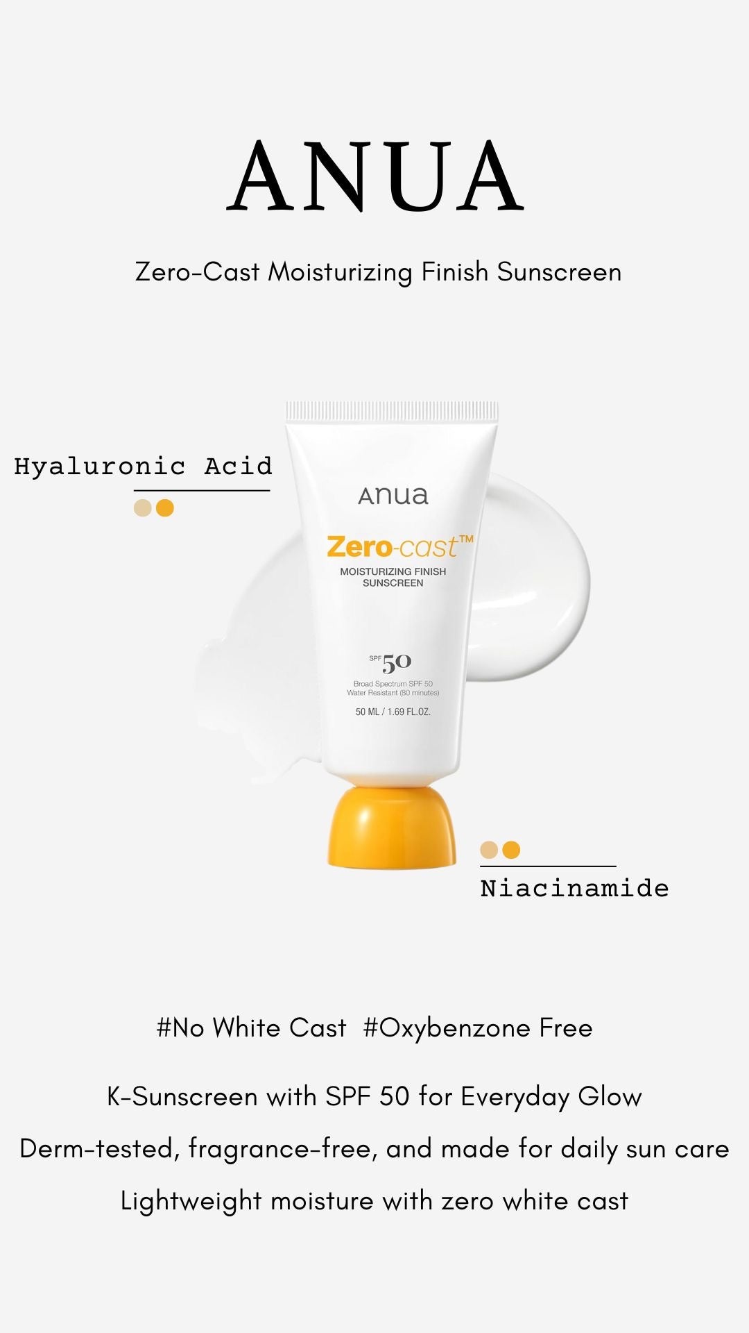 Anua Zero Cast moisturizing finish suncreen SPF 50+